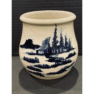 Vintage P. R. Storie Utensil Crock Pottery Co Marshall TX Blue Barn 6” Salt Glaz